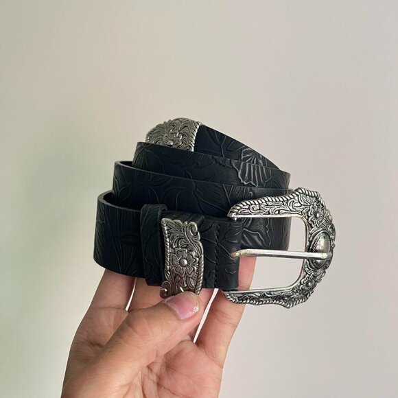 vintage style black American western floral silver boho belt - Picture 4 of 7